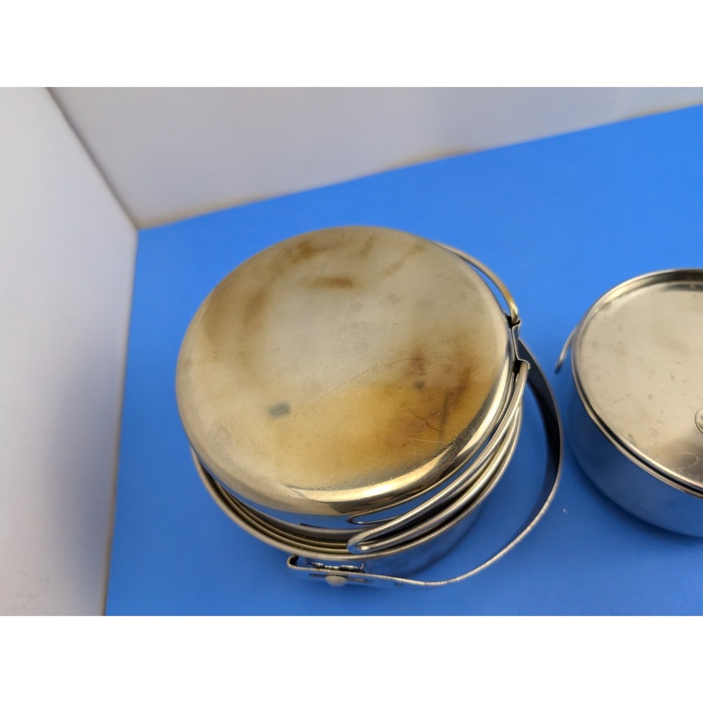 Vtg 3 Piece Camping Cook Set Coleman Peak 1 Stainless Steel Nesting Pots Pans - Picture 3 of 12